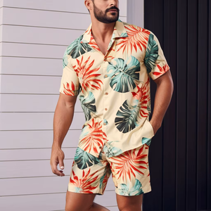 Vente en gros Ensemble 2 pièces vêtements pour hommes Chemise habillée Chemises à fleurs hawaïennes avec logo personnalisé Ensemble de t-shirts pour la plage boutonné - Product Image 2