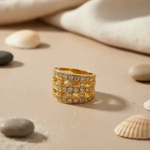 Women's <b>Gold</b> Plated <b>Ring</b> with <b>Cubic</b> <b>Zirconia</b> Stones Fashionable Inlay Cluster <b>Ring</b> for Daily Wear Rhodium Setting - Product Image 1