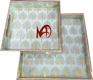 Lot de 2 plateaux de service carrés en bois MDF faits à la main Impression numérique Finition brillante avec revêtement en émail Plateau décoratif artisanal - Product Image 1