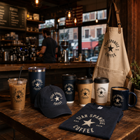 Ensemble de marchandises personnalisées pour café AT PACK avec logo, tablier, t-shirt, casquette, tasses, tasse en céramique et gobelet de voyage