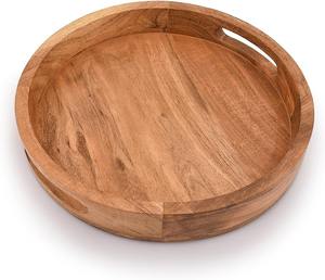 Plateau rond tendance en bois d'acacia avec poignées pour servir des boissons et des aliments sur le bar, le salon, la table à manger et la vaisselle - Product Image 4