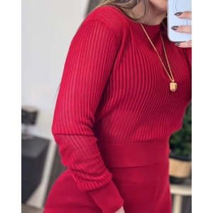 Jane's Women's Long Sleeve Round Neck Transparent Detail Knitted Blouse and Pants <b>Two</b>-<b>Piece</b> <b>Set</b>, Casual Solid Color Outfit - Product Image 4