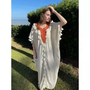 Caftán bohemio para mujer, bordado floral, Media manga, escote en V, cubierta de Playa Larga, trabajo de encaje, caftán tejido ecológico - Product Image 1