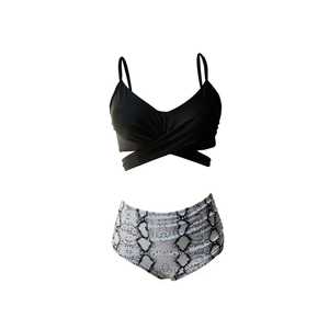 Ensemble bikini deux pièces pour femme, haut croisé à licou, bas taille haute imprimé serpent, maillot de bain extensible en spandex et polyester - Product Image 1