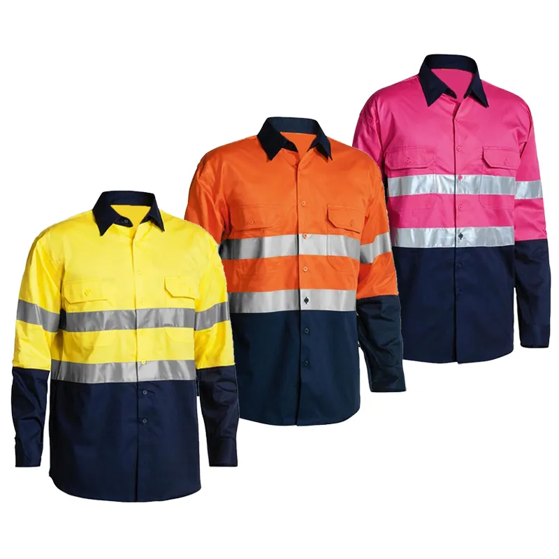 OEM Custom made Reflective Safety Shirt and Clothing Hi-Vis Cotton Drill Shirt Long Sleeve Work Lightweight with custom logo
