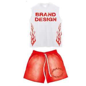 Conjuntos de camiseta sin mangas de dos piezas con borde crudo y pantalones cortos lavados con ácido, conjuntos de pantalones cortos y camisetas personalizados para hombre - Product Image 6