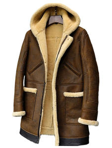 Mens Shearling Hooded <b>Coat</b> Real Genuine Leather Ternch Mid Length Sherpa Fur Warm filling Winter Rancher <b>Coat</b> Jacket Wholesale - Product Image 6