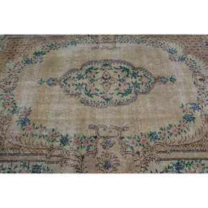 Alfombra Turca Vintage Clásica de Piel de Lana Hecha a Mano con Respaldo de Látex Rectangular, Color Beige y Verde, 4M - Product Image 5