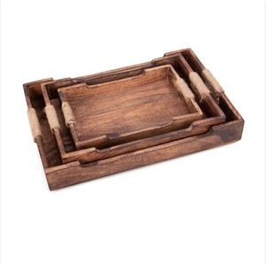 Bandeja para servir de forma ovalada de madera de acacia maciza con acabado de madera Natural de excelente calidad con asas de Metal para servir y usar en decoración - Product Image 2