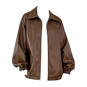 Men Brown Leather Bomber Jacket Oversized Fit Vintage Style Zip Elastic Cuffs Casual Streetwear Winter Fashion Stand - Product Image 2