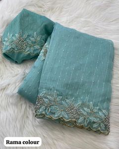 JUTE <b>organza</b> Saree Multi embroidery Work With Stone & Raw <b>Silk</b> embroidery Work Blouse - Product Image 3