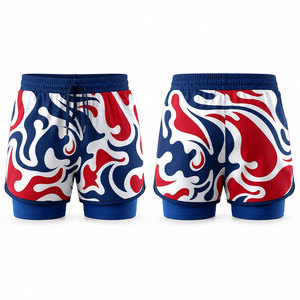 Short de bain décontracté pour homme à motif rouge, blanc et bleu, séchage rapide, avec cordon de serrage, longueur courte, taille mi-haute, en polyester - Product Image 1