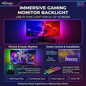 Rétroéclairage d'écran LED RGB intelligent USB 5V DC pour écrans <span class=keywords><strong>24</strong></span>-32 <span class=keywords><strong>pouces</strong></span>, contrôle par application, synchronisation musicale, barre lumineuse gaming, éclairage d'ambiance IP44 pour PC - Product Image 5