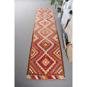 2.8x12 ft Rug, <b>Runner</b> Turkish Rug, <b>Red</b> Kilim Abstract Rug - Product Image 1