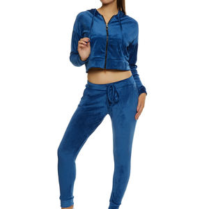 Ensemble de jogging en velours personnalisé sexy pour femmes, vêtements de sport à capuche décontractés avec tissu à tricoter et fermeture éclair sur le devant, ensemble de 2 pièces - Product Image 6