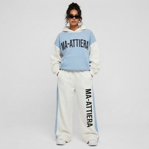 Conjunto Deportivo Ma-Attiera para Mujer, Sudadera con Bloques de Color, Estampado de Letras en Blanco y Azul, Corte Holgado Informal, Dos Piezas - Product Image 1