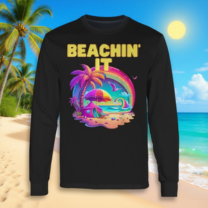 Camiseta promocional de manga larga a la moda con diseño de arcoíris de playa colorido de verano de los años 80 de Beachin It Retro - Product Image 3
