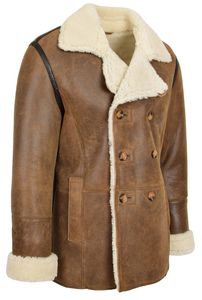 Mens Dark Brown Genuine Sheepskin Shearling Faux <b>Fur</b> B3 B1 RAF Classy Casual Double Breasted Smooth Soft <b>Leather</b> Trench <b>Coat</b> - Product Image 4
