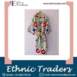 Kimono indien brodé à la main d'excellente qualité pour femmes 100% coton longueur au sol veste d'hiver avec taille naturelle - Product Image 6