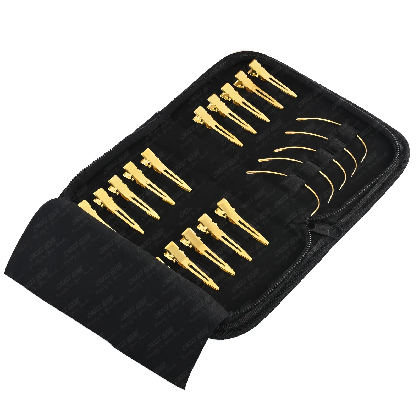 Classic Makeup Gold Elegant Design Metal Hairdresser Section Hair Clips & C Curved Needles Kit with black case
