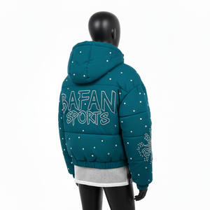 Veste matelassée de luxe pour femmes, tissu en polyester de haute qualité, panneaux matelassés turquoise, strass thermocollés, logo personnalisé, veste matelassée pour femmes - Product Image 5
