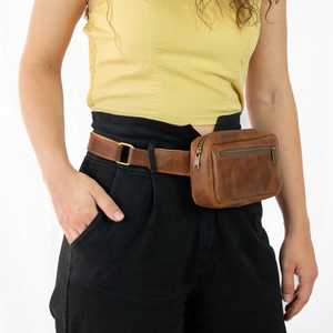 Sac de taille unisexe en cuir de vachette vintage LWB-0121 avec fermeture à glissière ceinture de sac à main de voyage et de randonnée avec logo amusant - Product Image 5