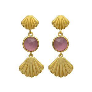 New Arrival Gold Tone Designer Dangle Earrings with Seashell Design pink Tourmaline Hydro Gemstone Brass Earrings - Product Image 1
