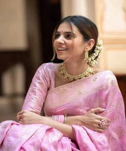 Sari en soie jacquard LICI attrayant, avec blouse non cousue, pour les fêtes, toutes saisons, prix de gros, vêtement ethnique, rose pâle - Product Image 3