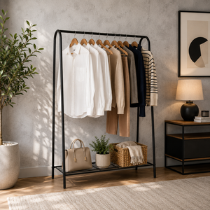Modern Metal Double Tier Freestanding Garment <b>Rack</b> with Wire <b>Shelf</b> and Multifunction Design for Bedroom Entryway Clothes Storage - Product Image 2