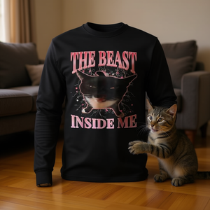 Maglietta a Maniche Lunghe con Simpatico Gatto Meme 'The Beast Inside Me' per Amanti dei Gatti, Prodotto Promozionale - Product Image 3