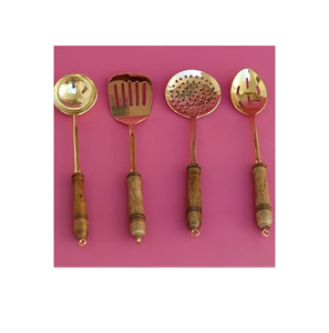 Cuillère de cuisson en laiton de la plus haute qualité 4 pièces légumes et spatule/soupe/cuillère à tourner manche en bois prix abordable - Product Image 1