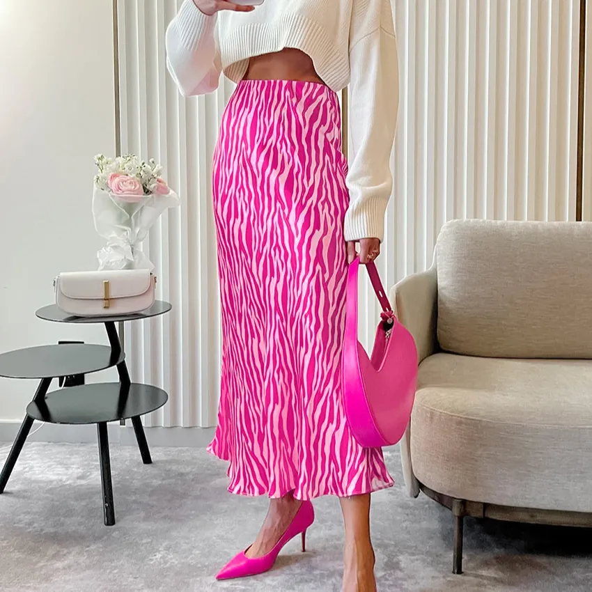 Printemps et été mode rose zèbre rayé imprimé satin a-ligne jupe longue jupes pour femmes