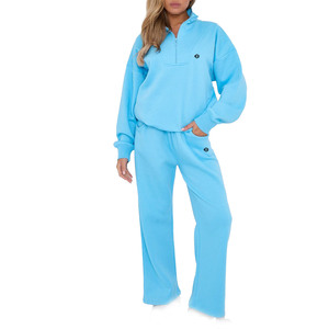 Ensemble sweat-shirt à demi-zip pour femme avec pantalon à jambe droite, logo minimal, décontracté, coordonné, pour la fourniture de vêtements en gros - Product Image 1