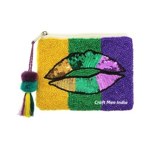 MARDI GRAS fait à la main Style Boho perlé porte-monnaie fermeture éclair options de conception personnalisée avec broderie perles de rocaille petite étoile motif - Product Image 1