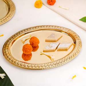 Plateau ovale en laiton pur avec détails en relief 32x22cm, plateau décoratif traditionnel avec motif rectangulaire en cristal - Product Image 2