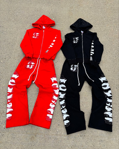 Sudadera con capucha y borde de dobladillo crudo con estampado de algodón personalizado, pantalón con estampado de farol para hombre, chándal apilado acampanado, conjuntos de Jogger de dos piezas para hombre - Product Image 1