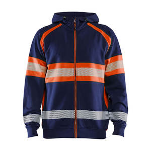 High Visibility Waterproof Breathable Safety <b>Hoodie</b> Navy Blue <b>Orange</b> Reflective Stripes Front Zip Durable Workwear Construction - Product Image 1