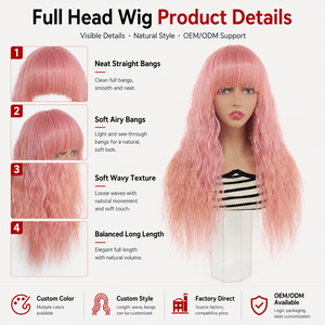 Perruque synthétique longue ondulée rose pastel avec <span class=keywords><strong>frange</strong></span> droite, effet vague d'eau, résistante à la chaleur, bonnet ajustable, pour cosplay, Lolita, fête, densité 130% - Product Image 3