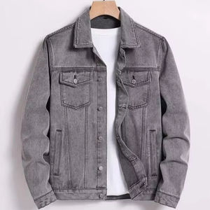 แจ็คเก็ตยีนส์ผู้ชายสีพื้นแฟชั่นใหม่สำหรับฤดูหนาว สวมใส่สบายสไตล์ลำลอง พร้อมปกตั้งและโลโก้ด้านหน้า - Product Image 1