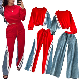 Ensemble 2 pièces pour femmes tendance et confortable pour l'hiver, sweat-shirt à manches longues à blocs de couleur, pantalon large en denim à empiècements - Product Image 6