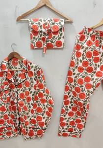 เซ็ตชุดนอนลายดอกไม้ทำมือผ้าฝ้ายสำหรับผู้หญิงชุดนอนสตรีใส่สบายมีกระดุมและกระเป๋าสำหรับ100% - Product Image 2