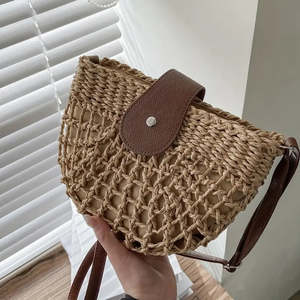 Bolso Redondo de Mimbre Estilo Bohemio Marina con Correa Individual, Cierre de Botón Estilo Japonés, Forro de Poliéster y Algodón - Product Image 4