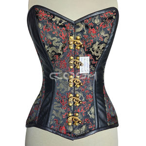 Corsé de cosplay overbust de brocado de dragón rojo con varillas en espiral, jacquard, ajuste ceñido, con ribetes de cuero y diseño extremadamente curvo. - Product Image 1