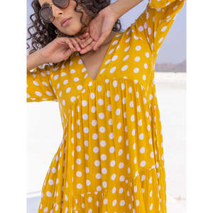 Robe longue vintage jaune à pois en modal - Style décontracté d'été à taille empire - Product Image 6