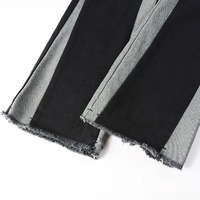 Jean en denim noir pour homme, coupe large, style streetwear, avec franges et ourlet déchiré, patchwork, extensible, évasé, délavé