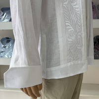 Kemeja Pria Linen Mewah 100% Linen Kemeja Lengan Panjang Pria Kancing Manset Prancis Bordir Bunga Lipit Depan Kemeja Pesta Pernikahan