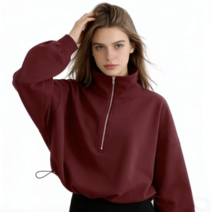 Sudadera de Cuello Alto para <span class=keywords><strong>Mujer</strong></span>, Media Cremallera, Puño con Cordón, Manga Larga, Ajuste Holgado, Color Borgoña Casual - Product Image 1
