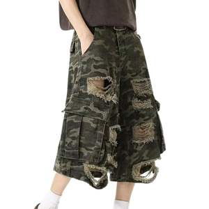 Pantalones cortos vaqueros rasgados desgastados con estampado de camuflaje, diseño de logotipo personalizado, pantalones cortos vaqueros de Hip Hop de gran tamaño lavados Vintage - Product Image 2