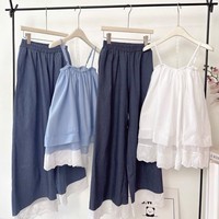 Conjunto Casual para Mujer OEM ODM, Top Vintage sin Mangas con Encaje y Pantalones Anchos de Mezclilla, Lavado Claro, Corte Regular