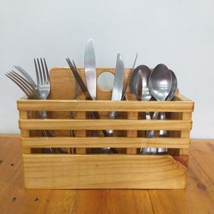 Rustic Wooden Caddy With Stylish Finish Perfect For Dining Table Organization <b>Kitchen</b> <b>Utensil</b> Storage And Outdoor Party Use - Product Image 5